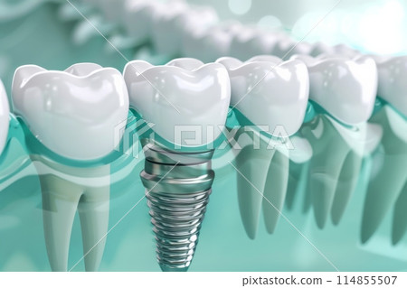 The concept of dental implants. A 3D rendering showing a dental implant placed between teeth The concept of dental implants. A 3D rendering showing a dental implant placed between teeth 114855507