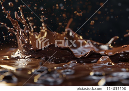Splashes of chocolate. Chocolate bar is poured into melted chocolate pile 114855508
