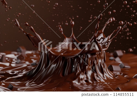 Splashes of chocolate. Chocolate bar is poured into melted chocolate pile 114855511
