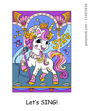 Cute unicorn pop star singer and lettering sing vector illustration 114855639