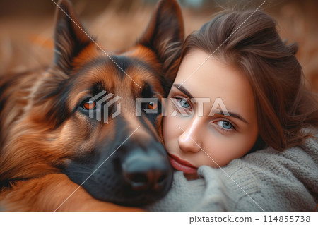 German shepherd sitting with its owner, girl, they are both resting AI Generative 114855738