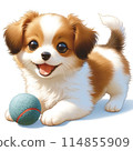 一隻小狗玩球的插圖 114855909