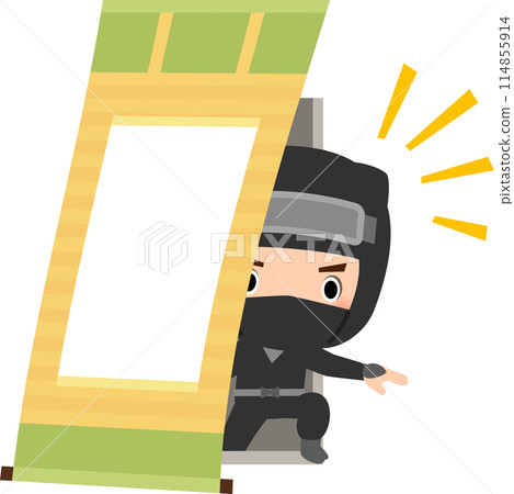 一名忍者從掛軸後面的隱藏門走出來。 114855914