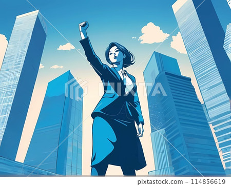 Retro pop illustration print style Business woman walking through an office district and posing to show enthusiasm 114856619