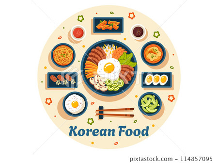 Korean Food Vector Illustration featuring a Set Menu of Various Traditional and Delicious National Dishes in a Flat Cartoon Style Background 114857095