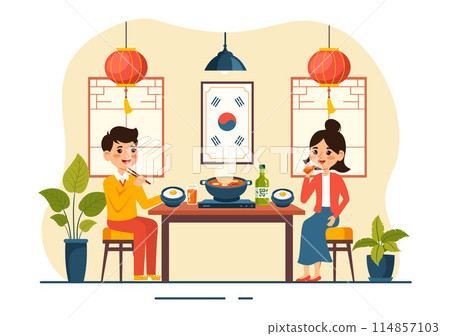 Korean Food Vector Illustration featuring a Set Menu of Various Traditional and Delicious National Dishes in a Flat Cartoon Style Background 114857103