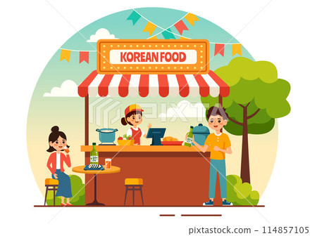 Korean Food Vector Illustration featuring a Set Menu of Various Traditional and Delicious National Dishes in a Flat Cartoon Style Background 114857105