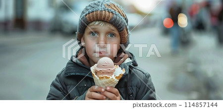homeless child holding an ice cream cone in his hands, evening city street 114857144