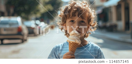 cute homeless child with an ice cream cone on a city street, warm summer day 114857145