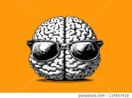 Cartoony brain with sunglasses on orange BG Cartoony brain with sunglasses on orange BG 114857438