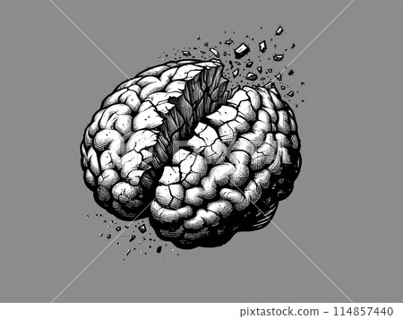 Brain cracking and broken illustration on gray BG Brain cracking and broken illustration on gray BG 114857440