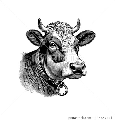 Dairy cattle head drawing on white BG 114857441