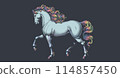 Stencil horse with colorful fur trotting on black BG 114857450