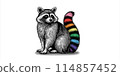 Engraving of raccoon with colorful tail on white BG 114857452
