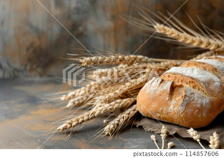 The concept of baking bread. Various breads and wheat varieties displayed on the table 114857606