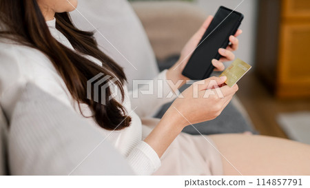 A woman is sitting on a couch and holding a credit card in her hand. She is looking at her phone, possibly checking her bank account or making a purchase. Concept of convenience and modernity A woman is sitting on a couch and holding a credit card in her hand. She is looking at her phone, possibly checking her bank account or making a purchase. Concept of convenience and modernity 114857791