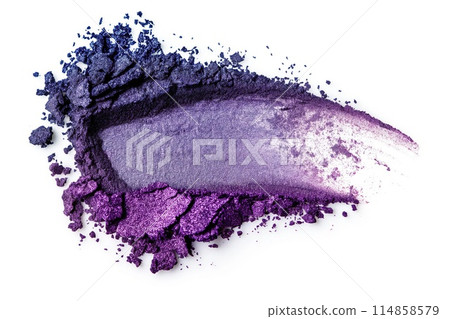 Eyeshadow sample isolated on white background. Crushed purple metallic eyeshadow. Closeup of a makeup product 114858579