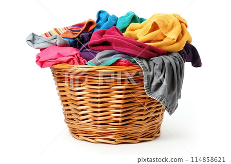 Multi-colored laundry in a basket isolated on a white background 114858621