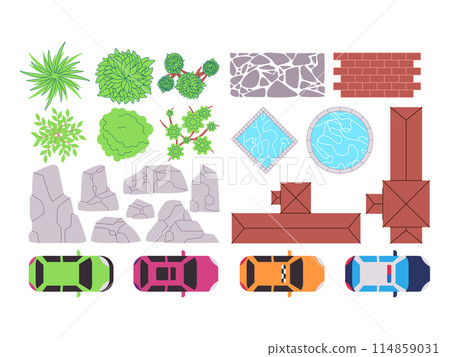 top view house car and pool with green plant stone architectural residential building infrastructure 114859031
