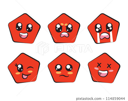 red color pentagon shape with expression smile angry crying wink eye sadness and laughing feeling 114859044