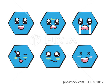 blue color hexagon shape with expression smile angry crying wink eye sadness and laughing feeling blue color hexagon shape with expression smile angry crying wink eye sadness and laughing feeling 114859047