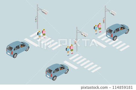 Isometric illustration: Elementary school students and crosswalk 114859181