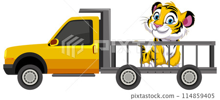 Tiger Riding in a Yellow Pickup Truck Tiger Riding in a Yellow Pickup Truck 114859405