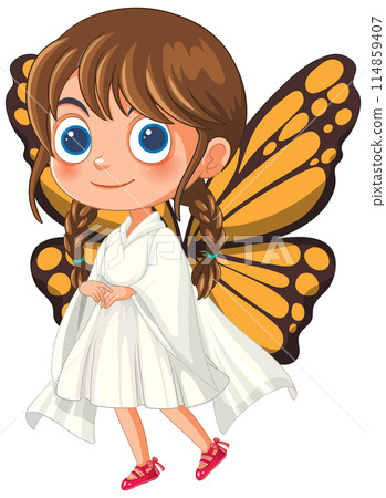 Butterfly Girl in White Dress Illustration 114859407