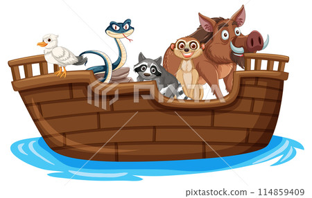 Diverse Animals Sailing in Wooden Boat 114859409