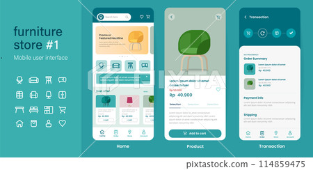 Mobile app user interface UI kit UX of furniture shop online store e-commerce website layout smartphone mockup in vector Mobile app user interface UI kit UX of furniture shop online store e-commerce website layout smartphone mockup in vector 114859475