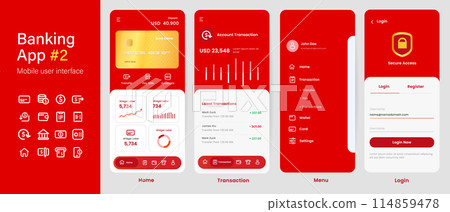 Banking app mobile interface user interface layout screen application design in red color gold card Banking app mobile interface user interface layout screen application design in red color gold card 114859478