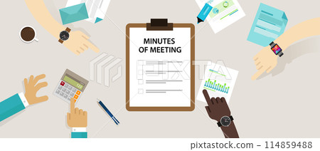 Minutes of meeting document paper write pen about summary of communication in office 114859488