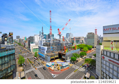 Aichi Prefecture: Nagoya cityscape: High-rise building under construction in Sakae, Naka Ward Aichi Prefecture: Nagoya cityscape: High-rise building under construction in Sakae, Naka Ward 114859621