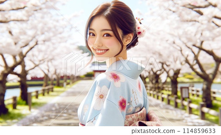 一位年輕女子在櫻花盛開的公園裡轉身 一位年輕女子在櫻花盛開的公園裡轉身 114859633