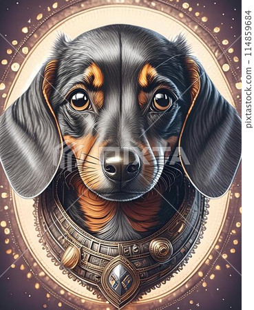 帶有鮮花和設計圖案的逼真狗迷你臘腸犬 114859684