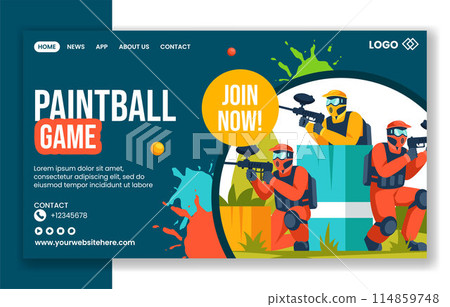Paintball Game Social Media Landing Page Cartoon Hand Drawn Templates Background Illustration 114859748
