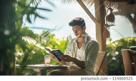 man reading books in tropical beach 114860525