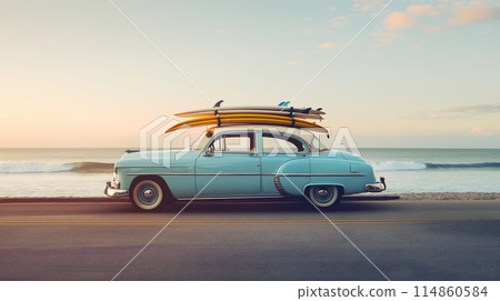 Surf trip with surfboard and vintage car 114860584