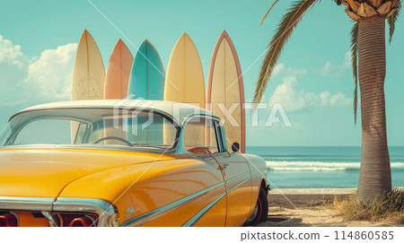 Surf trip with surfboard and vintage car 114860585