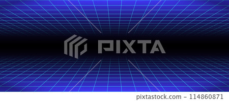 Glowing neon wireframe background. Blue shining checkered grid planes in perspective. Bright retro futuristic horizon wallpaper. Arcade game sci fi matrix surface. Vector backdrop for poster, banner Glowing neon wireframe background. Blue shining checkered grid planes in perspective. Bright retro futuristic horizon wallpaper. Arcade game sci fi matrix surface. Vector backdrop for poster, banner 114860871
