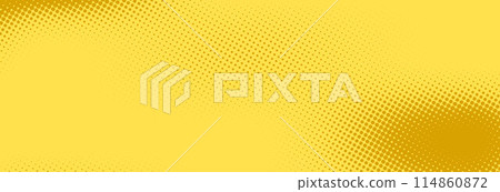 Yellow halftone pattern. Retro comic gradient background. Bright pixelated dotted texture overlay. Cartoon pop art faded gradient pattern. Vector backdrop for poster, banner, advertisement 114860872