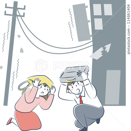 A man and woman are caught in an earthquake while out and about, bending down to protect their heads 114861404