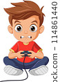 Cartoon little boy playing video game 114861440