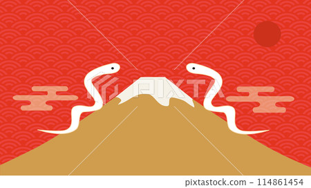 Simple illustration background of red sunrise, snake and Mt. Fuji 114861454
