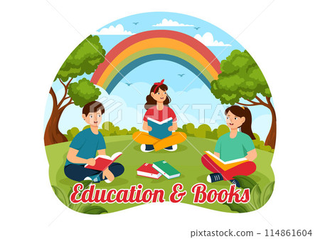 Education and Knowledge Books Vector Illustration Featuring People Studying or Reading Books for Learning in a Flat Style Cartoon Background 114861604