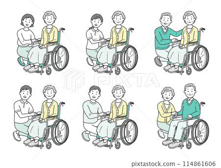 Illustration set of people assisting elderly people in wheelchairs 114861606