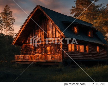 Abandoned house illuminated by the setting sun [AI generated image] 114861703