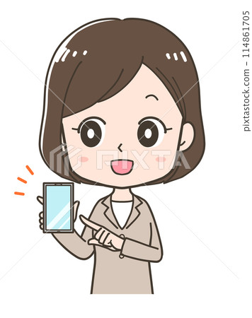 一位女商人指著智慧型手機螢幕的上半身插圖 114861705