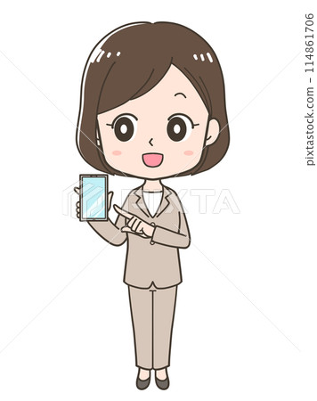 一名女商人指著智慧型手機螢幕的全身插圖 114861706