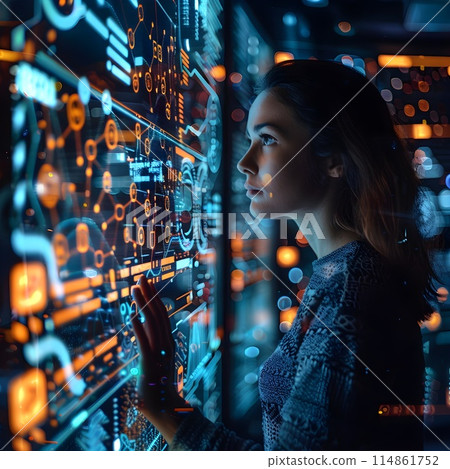 A woman works with a digital panel in a high-tech laboratory, surrounded by data and graphs. 114861752